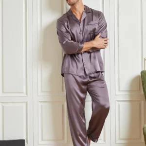 100% mulberry silk men's Long Sleeve Pajamas Set with outlines silhouette - Image 8