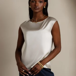 19Momme mulberry Silk Cap Sleeve Round Neck Women's Top - Image 11