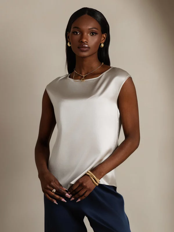 19Momme mulberry Silk Cap Sleeve Round Neck Women's Top