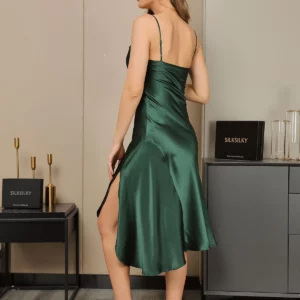 19Momme mulberry Silk Spaghetti strap Cowl Neck Midi Nightgown with Split Design - Image 7