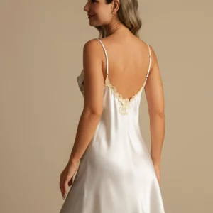 Women's 100% mulberry Silk Spaghetti Strap Mini Nightgown with Lace V-Back Design - Image 9