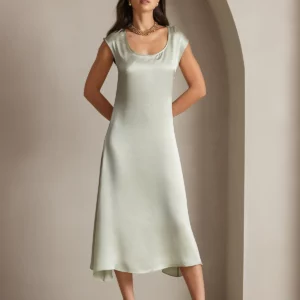 19Momme mulberry Silk Cap Sleeve Round Neck Midi Dress - Image 10