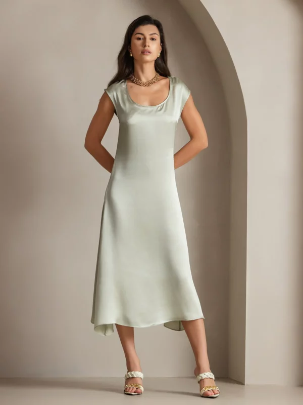 19Momme mulberry Silk Cap Sleeve Round Neck Midi Dress