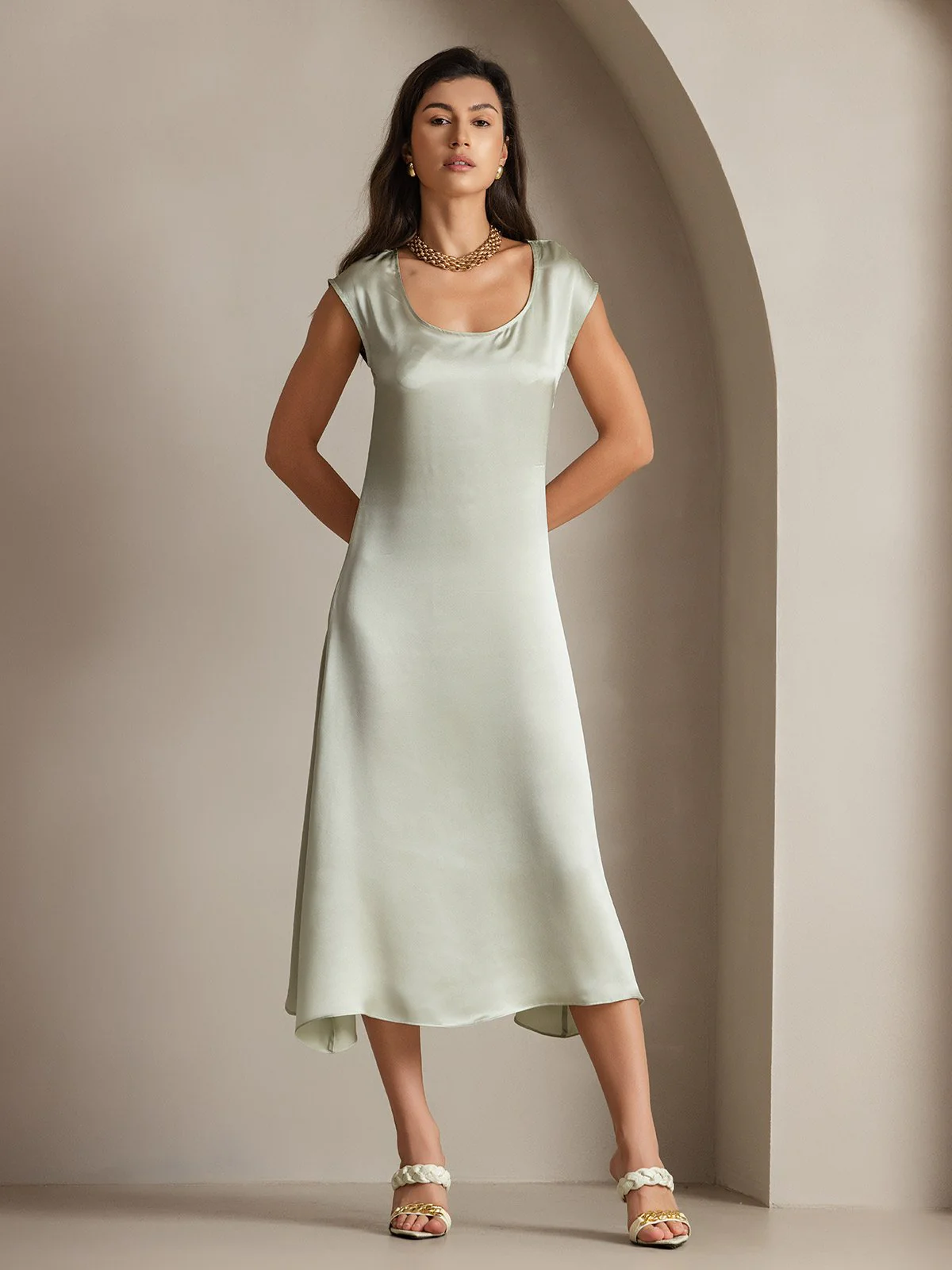 19Momme mulberry Silk Cap Sleeve Round Neck Midi Dress - Image 10
