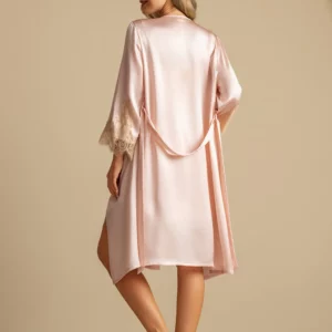 Pure Mulberry Silk V Neck Short Nightgown&Robe Set with Lace Design - Image 11