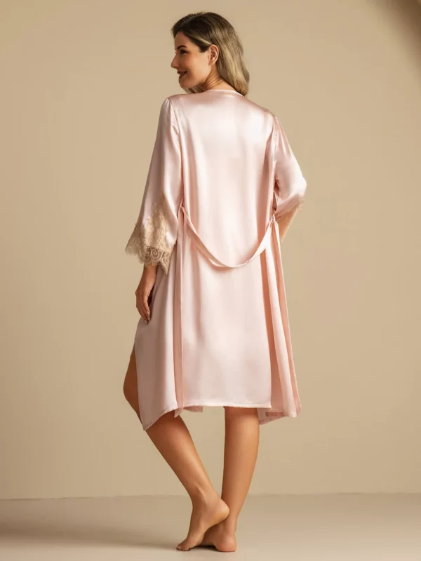 Pure Mulberry Silk V Neck Short Nightgown&Robe Set with Lace Design