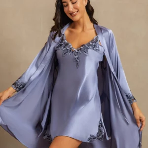 100% mulberry Silk Spaghetti Strap Nightgown & Robe Set 2 piece with lace design - Image 14