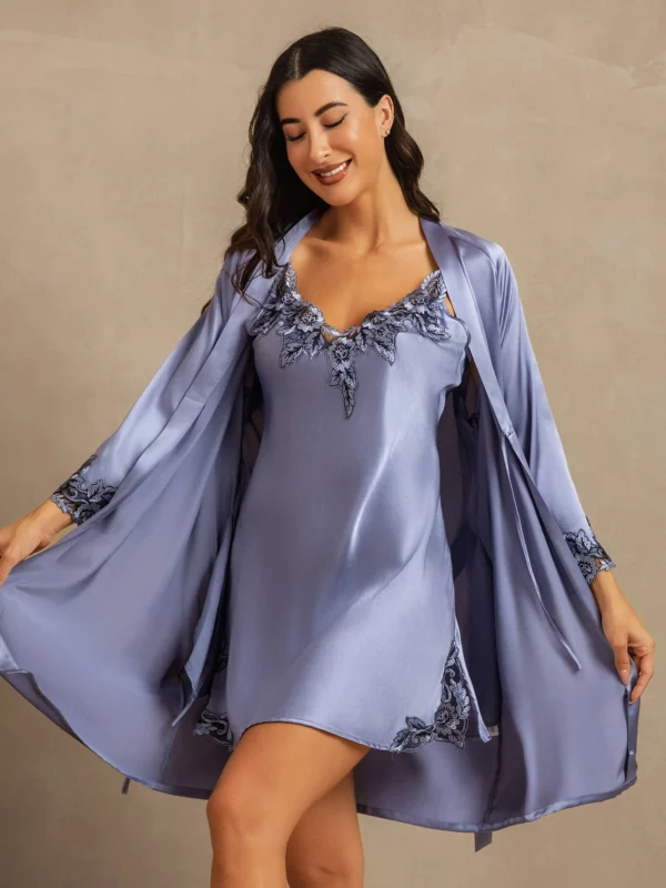 100% mulberry Silk Spaghetti Strap Nightgown & Robe Set 2 piece with lace design