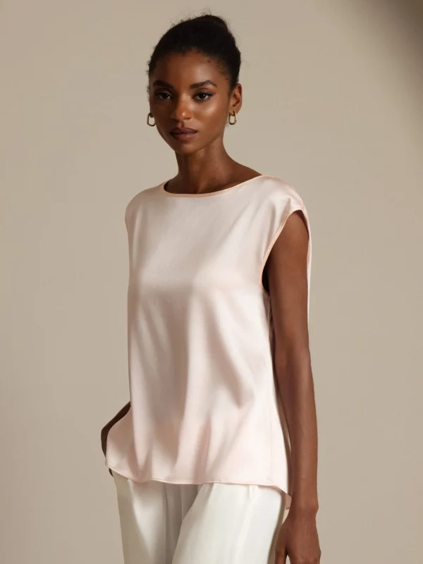 19Momme mulberry Silk Cap Sleeve Round Neck Women's Top