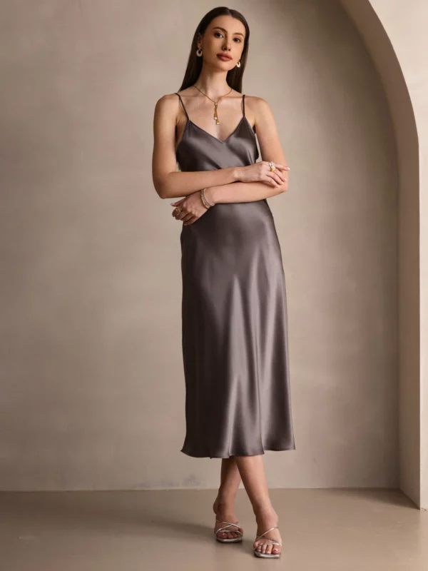 100% mulberry Silk charmeuse Spaghetti Strap Midi Dress