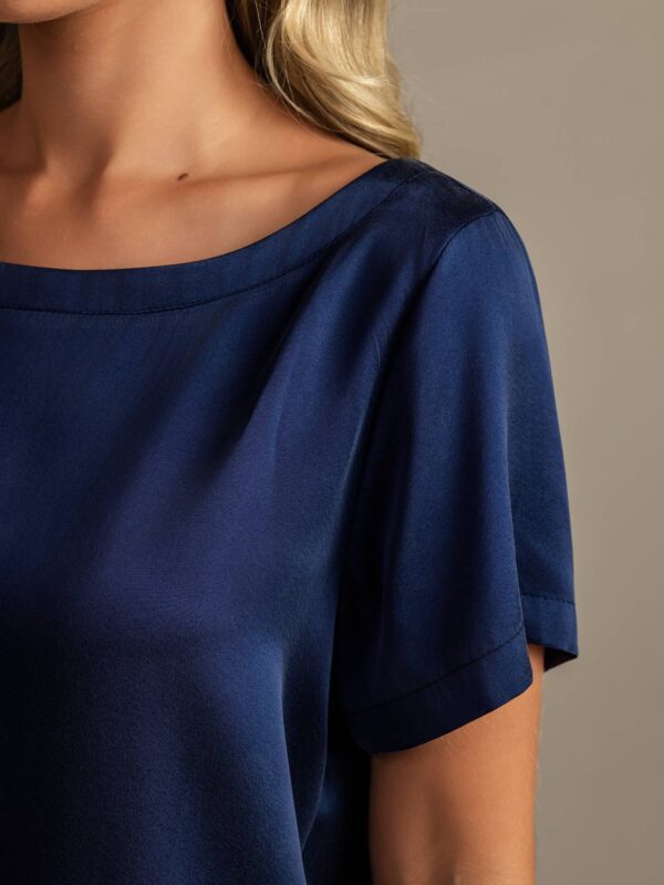 mulberry Silk 19Momme Women's Short Sleeve Round Collar Pajamas Set with Side Pocket Design