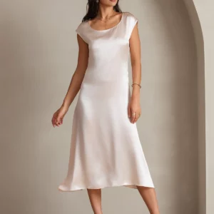 19Momme mulberry Silk Cap Sleeve Round Neck Midi Dress - Image 9