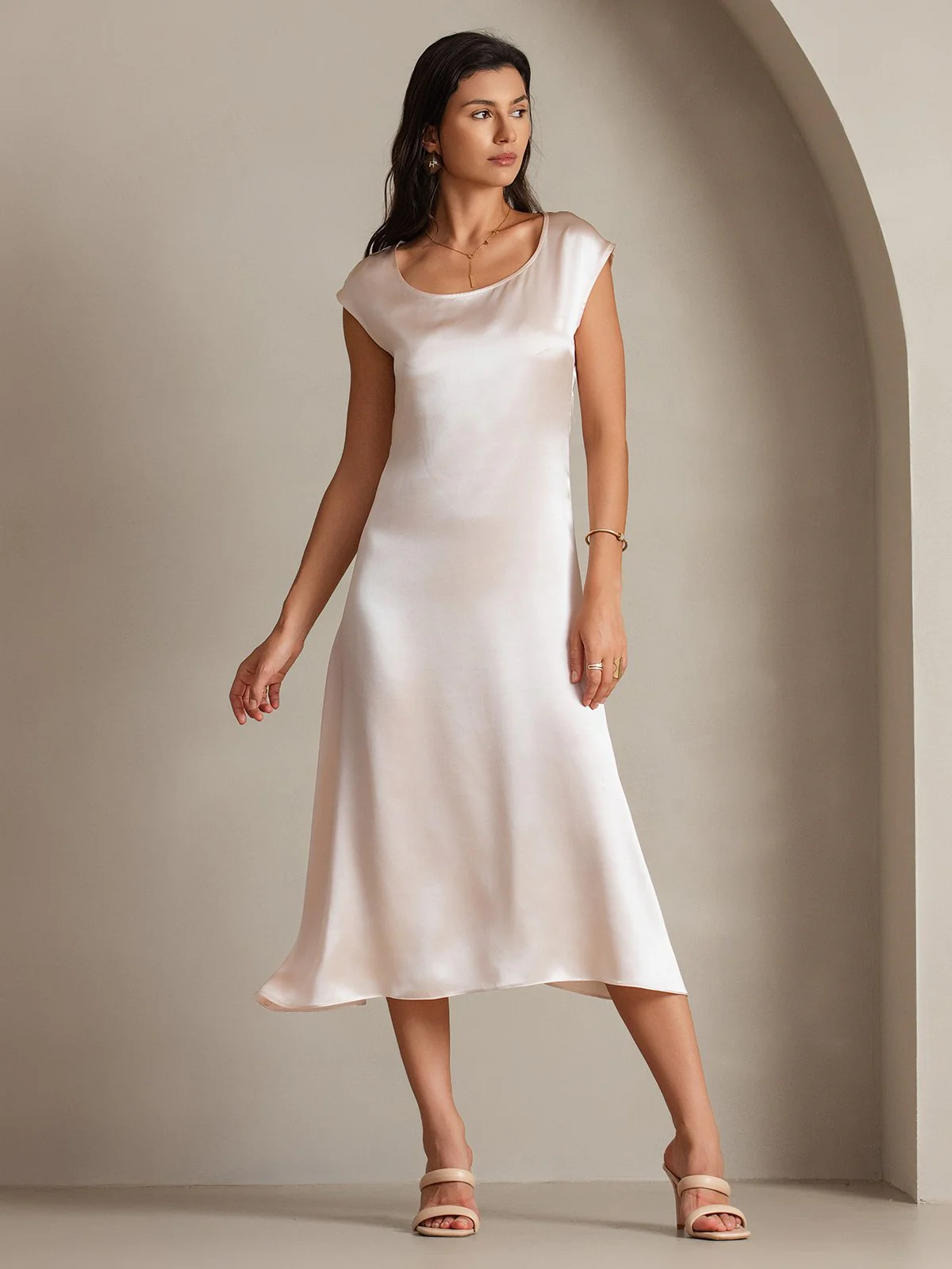 19Momme mulberry Silk Cap Sleeve Round Neck Midi Dress - Image 9