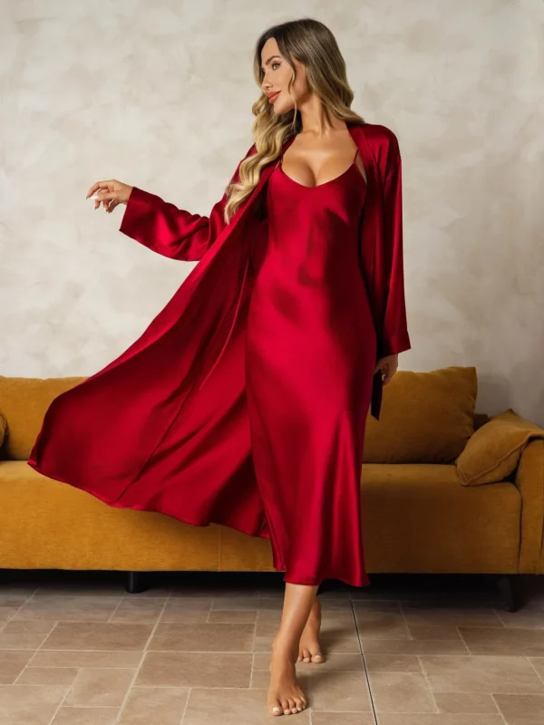 100% mulberry Silk charmeuse V-Neck Midi Nightgown & Robe Set 2Pcs