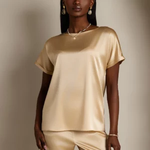 19Momme mulberry Silk Short Sleeve Boat Neck Women's T-Shirt - Image 8