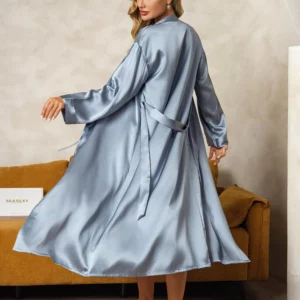 100% mulberry Silk charmeuse V-Neck Midi Nightgown & Robe Set 2Pcs - Image 9