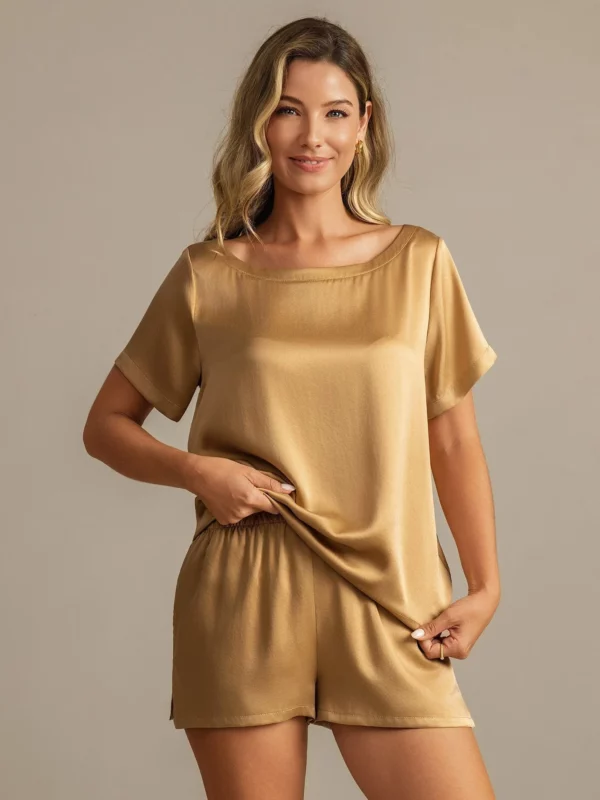 mulberry Silk 19Momme Women's Short Sleeve Round Collar Pajamas Set with Side Pocket Design