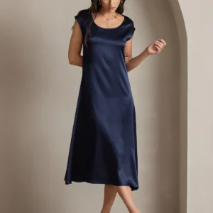 19Momme mulberry Silk Cap Sleeve Round Neck Midi Dress - Image 11