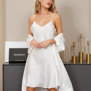 19momme 100% Mulberry Silk Kimono Robe & V‑Neck Nightgown Set - Image 8