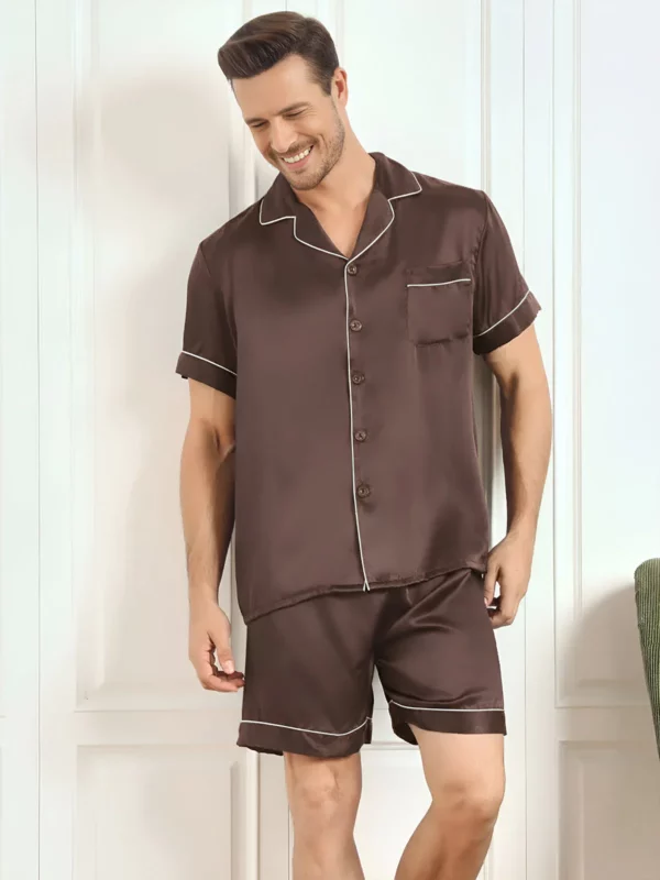 100% mulberry Silk Short Sleeve Notch Collar Men's Pajamas Set with Shorts