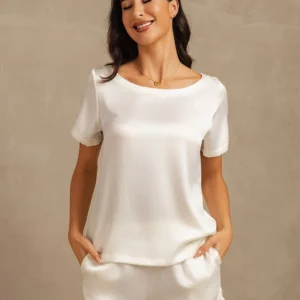 mulberry Silk 19Momme Women's Short Sleeve Round Collar Pajamas Set with Side Pocket Design - Image 8