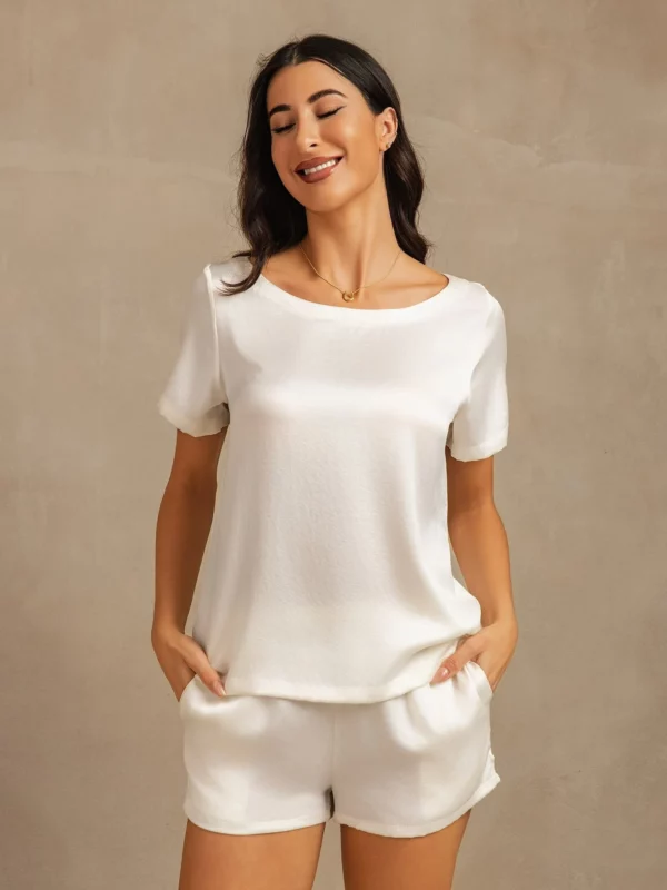 mulberry Silk 19Momme Women's Short Sleeve Round Collar Pajamas Set with Side Pocket Design
