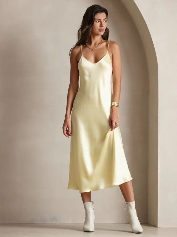 100% mulberry Silk charmeuse Spaghetti Strap Midi Dress
