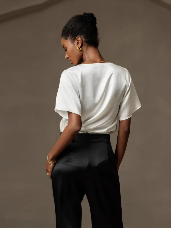 19Momme Women's mulberry Silk Short Sleeve Cowl Neck T-Shirt