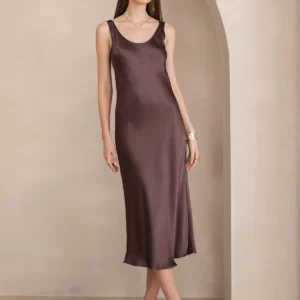100% mulberry Silk charmeuse Sleeveless U Neck Midi Dress - Image 9