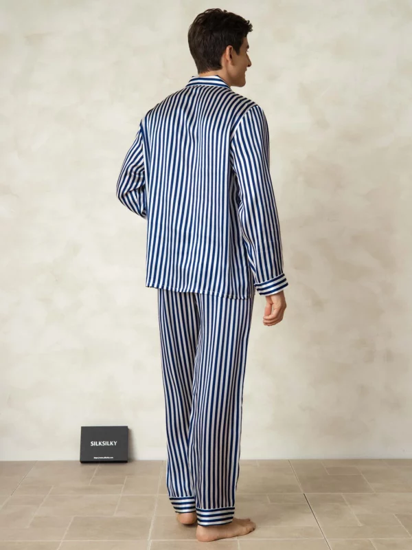 100% mulberry Silk Men's Stripe Print Long Sleeve Pajamas Set with Notch Collar