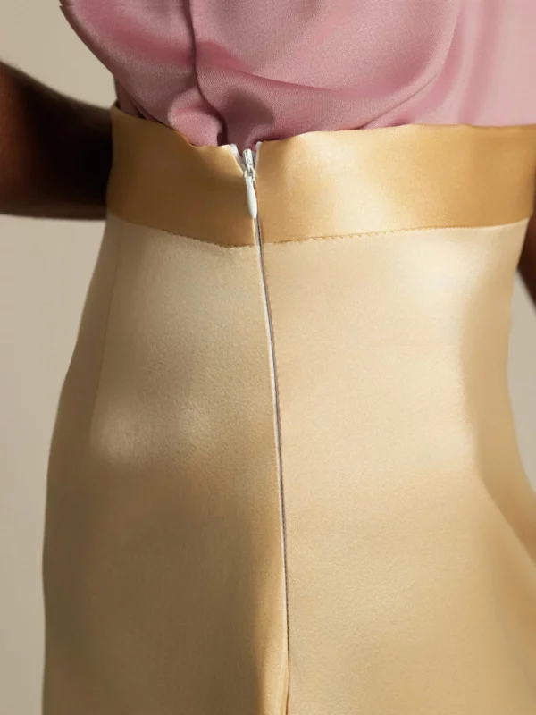 19 momme Mulberry Silk A Line Long Slit satin Skirt with Zipper Design