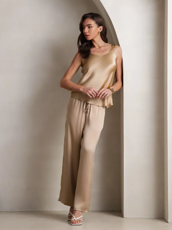 100% mulberry Silk Sleeveless U-Neck Tank Top & Wide Leg Pants Set