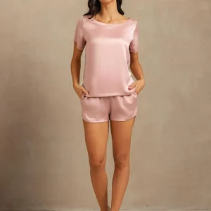 mulberry Silk 19Momme Women's Short Sleeve Round Collar Pajamas Set with Side Pocket Design - Image 11