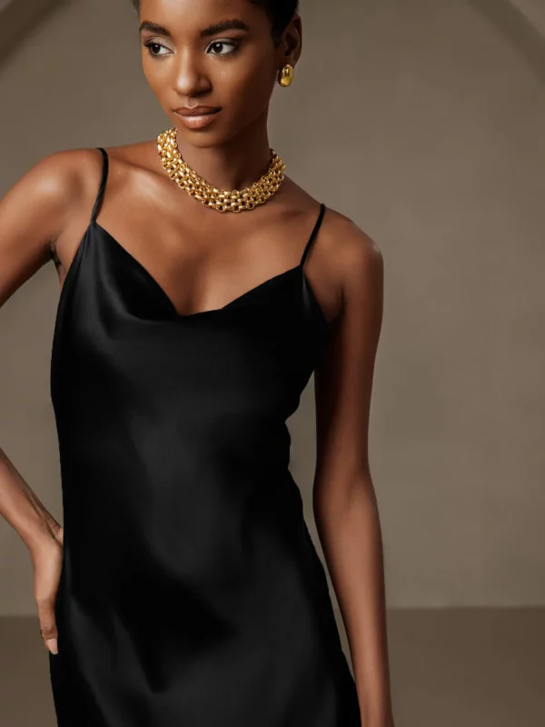 19Momme mulberry Silk Spaghetti strap Cowl Neck Midi Nightgown with Split Design