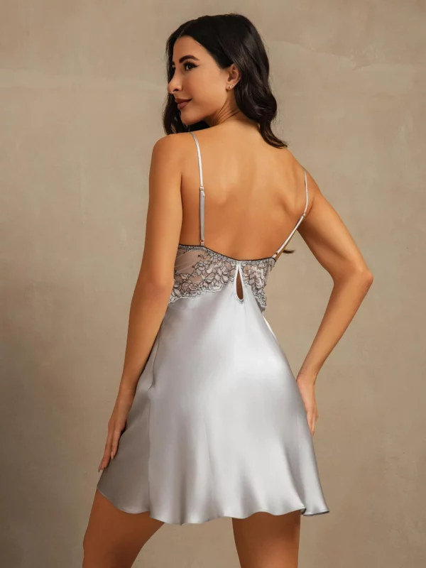 100% mulberry Silk Spaghetti Strap Mini Nightgown with Lace Backless V-neck Design