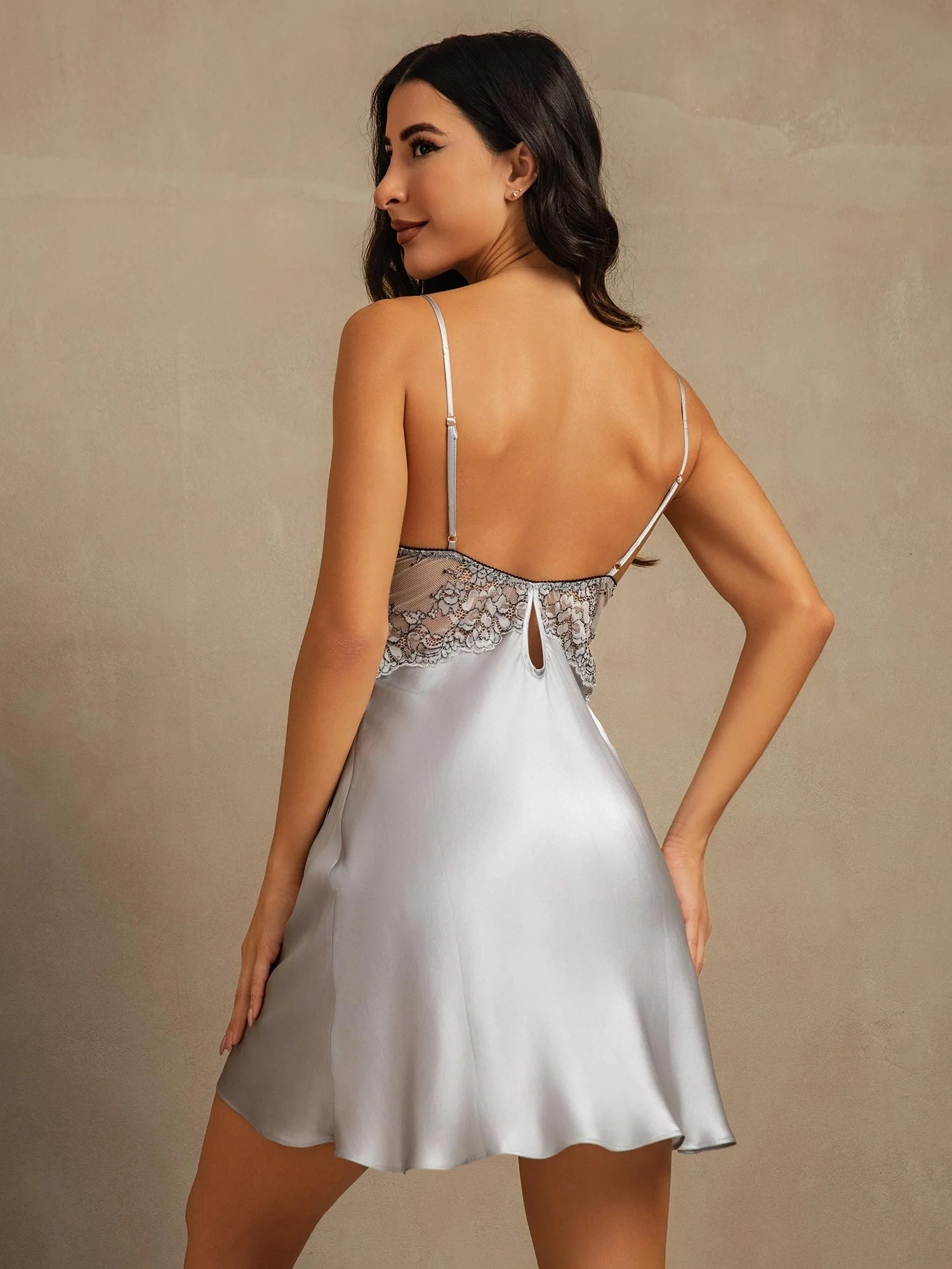 100% mulberry Silk Spaghetti Strap Mini Nightgown with Lace Backless V-neck Design - Image 6