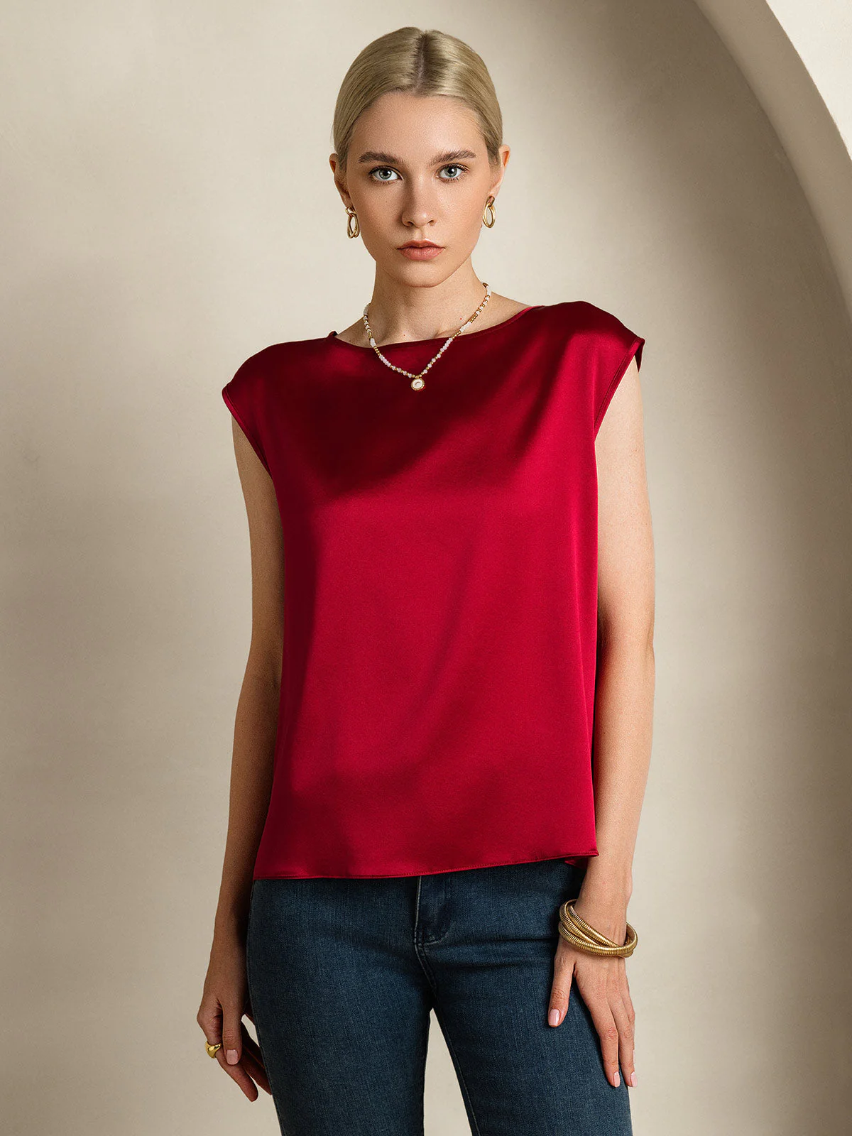 19Momme mulberry Silk Cap Sleeve Round Neck Women