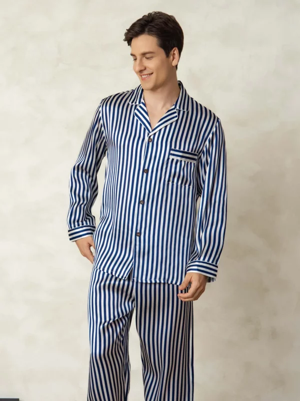 100% mulberry Silk Men's Stripe Print Long Sleeve Pajamas Set with Notch Collar