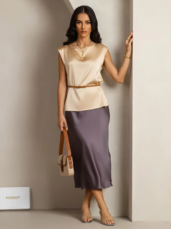 19Momme mulberry Silk Cap Sleeve Round Neck Women's Top