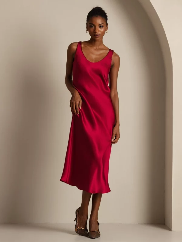 100% mulberry Silk charmeuse Sleeveless U Neck Midi Dress