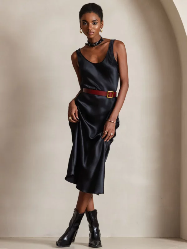 100% mulberry Silk charmeuse Sleeveless U Neck Midi Dress