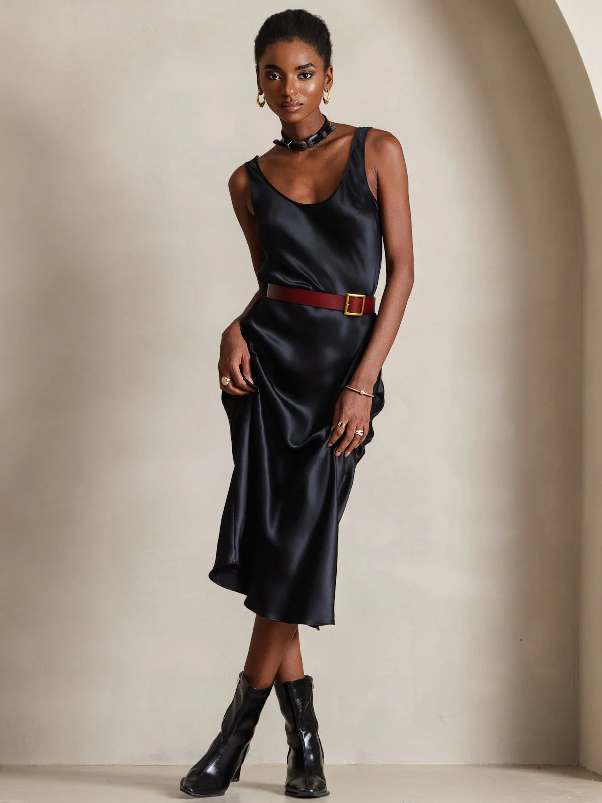 100% mulberry Silk charmeuse Sleeveless U Neck Midi Dress - Image 5