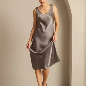 100% mulberry Silk charmeuse Sleeveless U Neck Midi Dress - Image 7