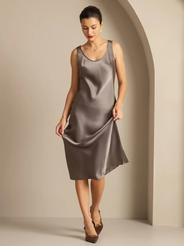 100% mulberry Silk charmeuse Sleeveless U Neck Midi Dress