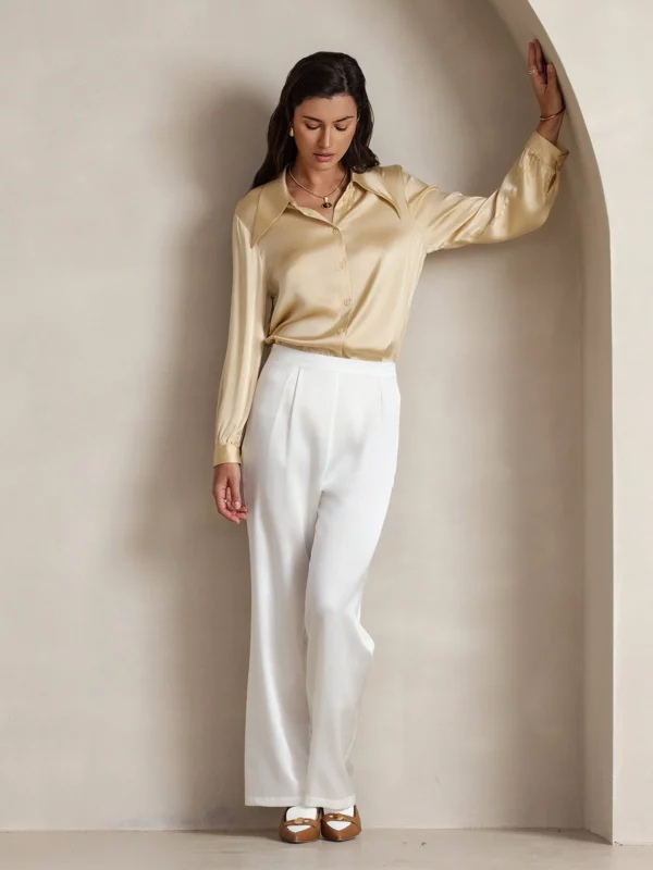 19Momme Women's mulberry Silk High Waist Wide Leg Pants