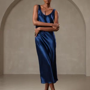 100% mulberry Silk charmeuse Sleeveless U Neck Midi Dress - Image 8