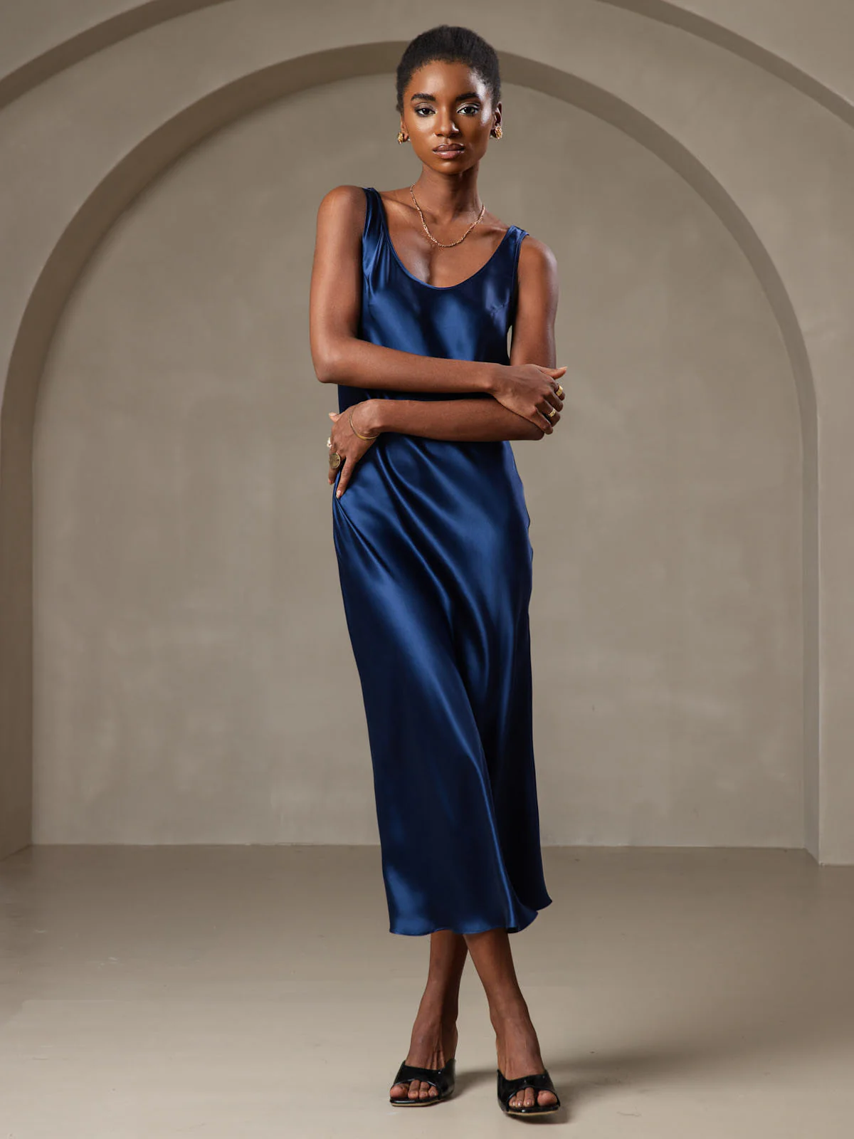 100% mulberry Silk charmeuse Sleeveless U Neck Midi Dress - Image 8