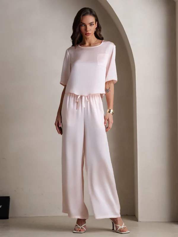 Women's Half Sleeve Round Neck 100% mulberry silk Pajamas Set