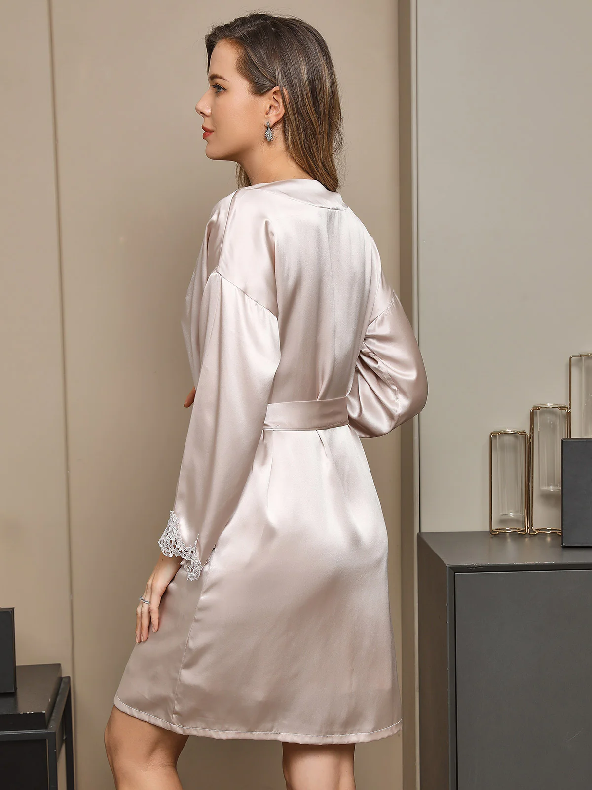 100% Mulberry Silk Lace Short Nightgown&Robe Set with Split Design - Image 2