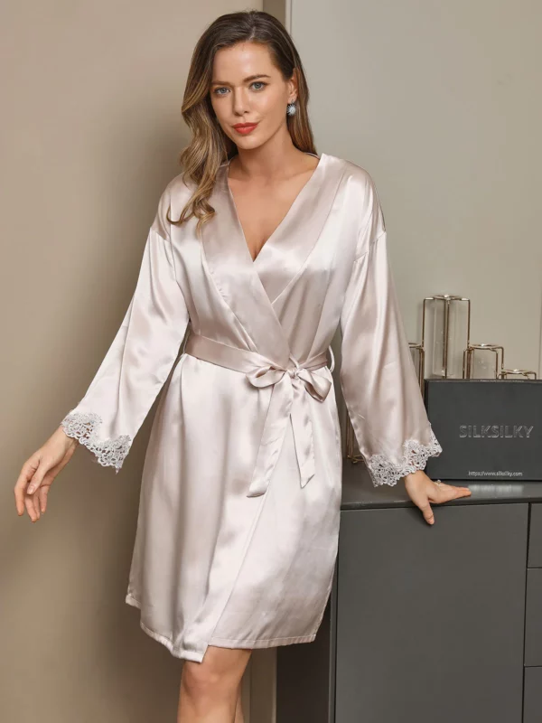 100% Mulberry Silk Lace Short Nightgown&Robe Set with Split Design